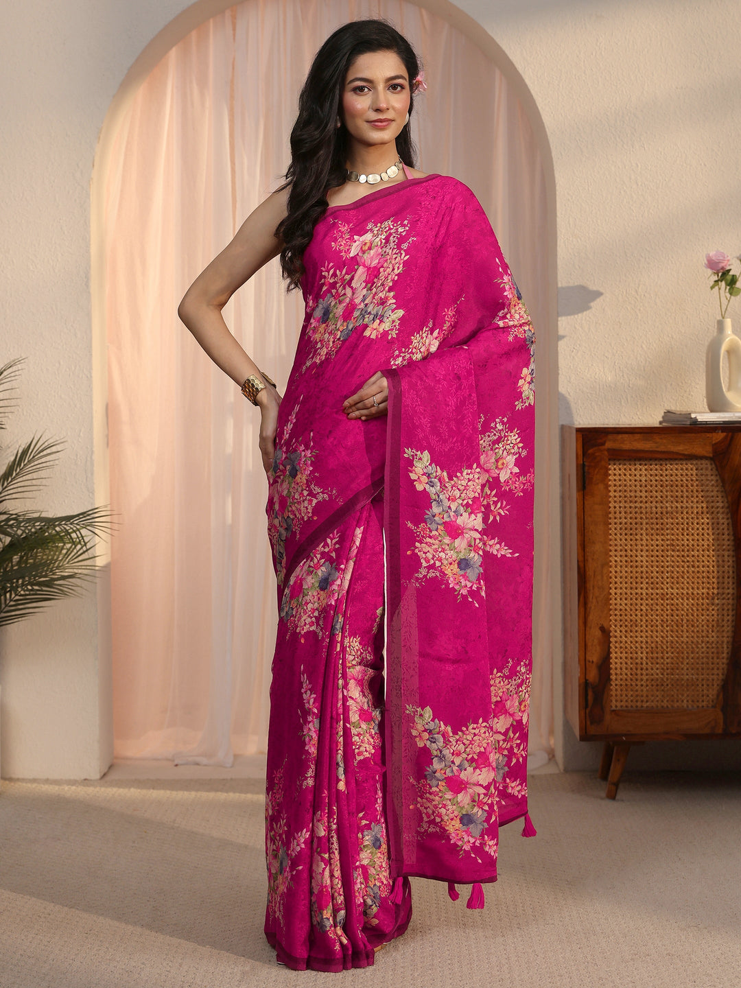  Libas Pink Floral Printed Chiffon Tassel Saree 