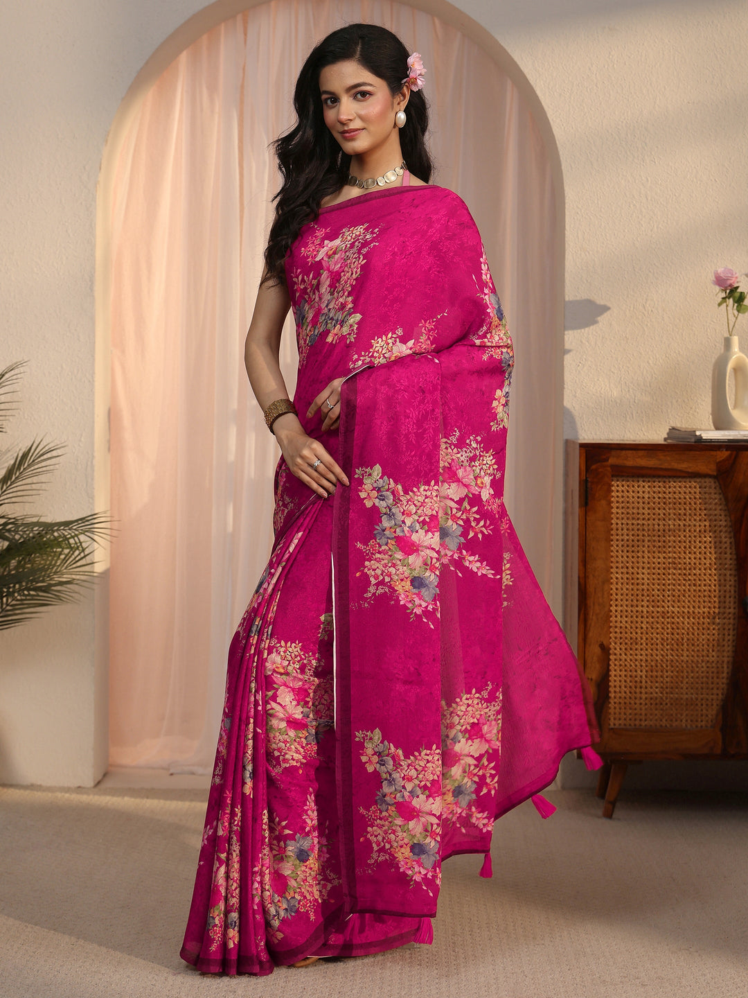  Libas Pink Floral Printed Chiffon Tassel Saree 