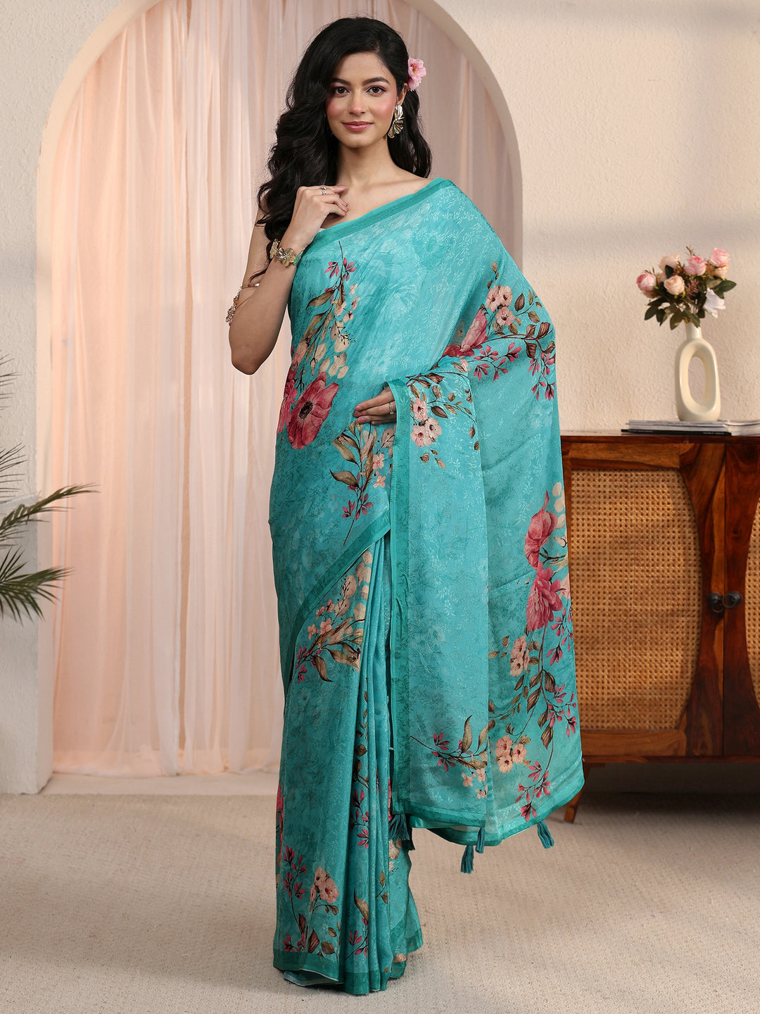  Libas Blue Floral Printed Chiffon Tassel Saree 