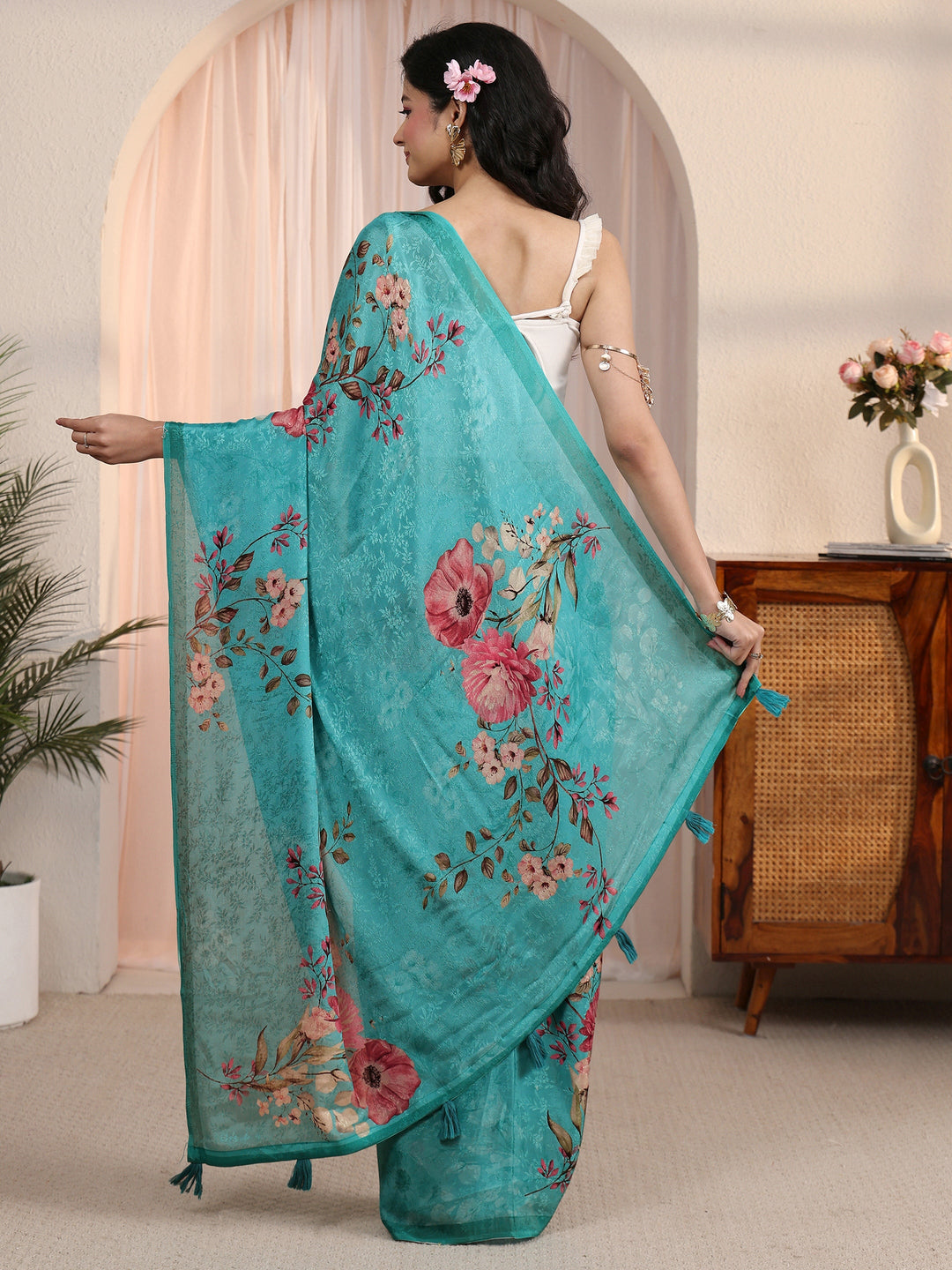 Libas Blue Floral Printed Chiffon Tassel Saree 