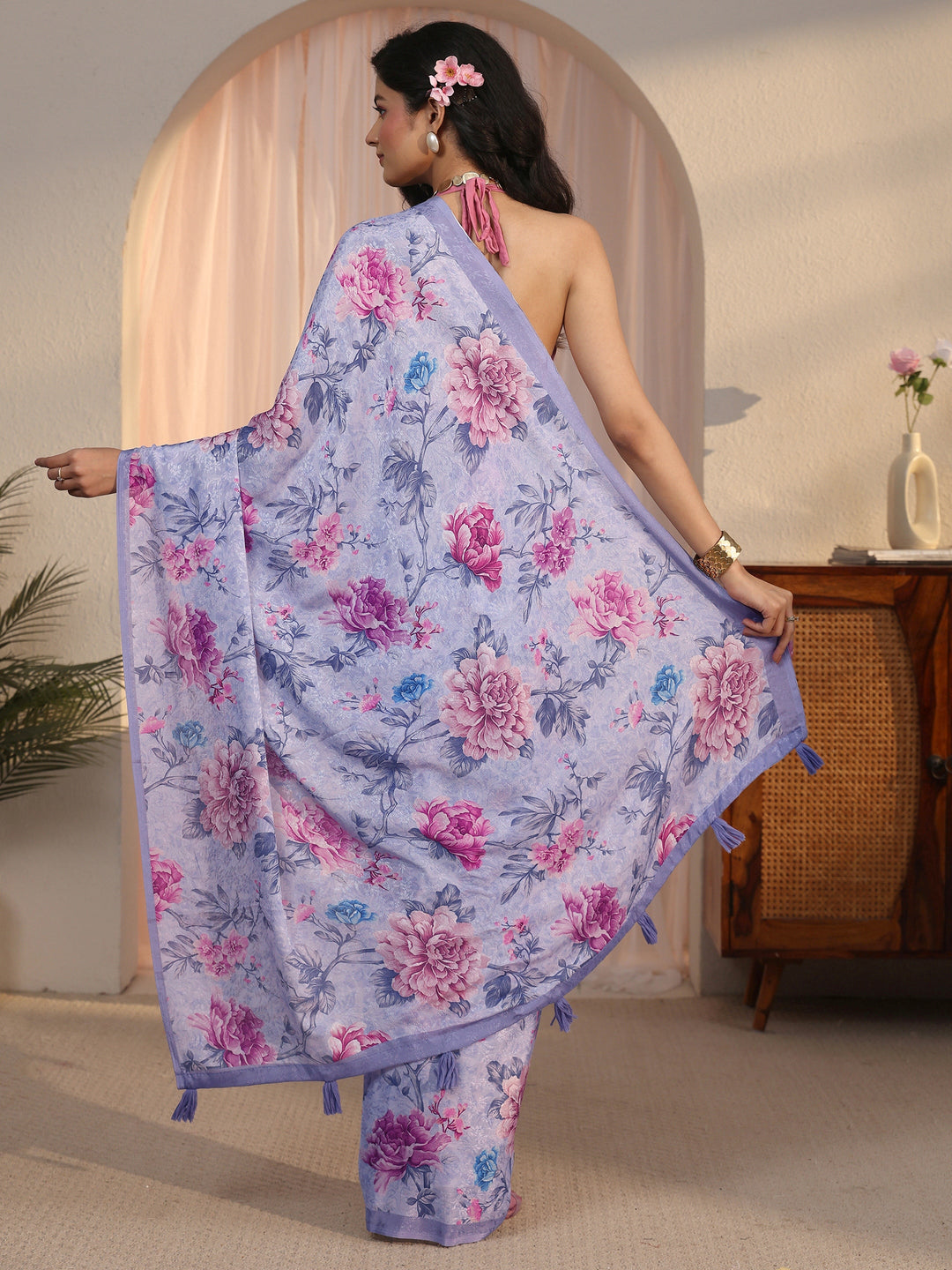  Libas Lavender Floral Printed Chiffon Tassel Saree 