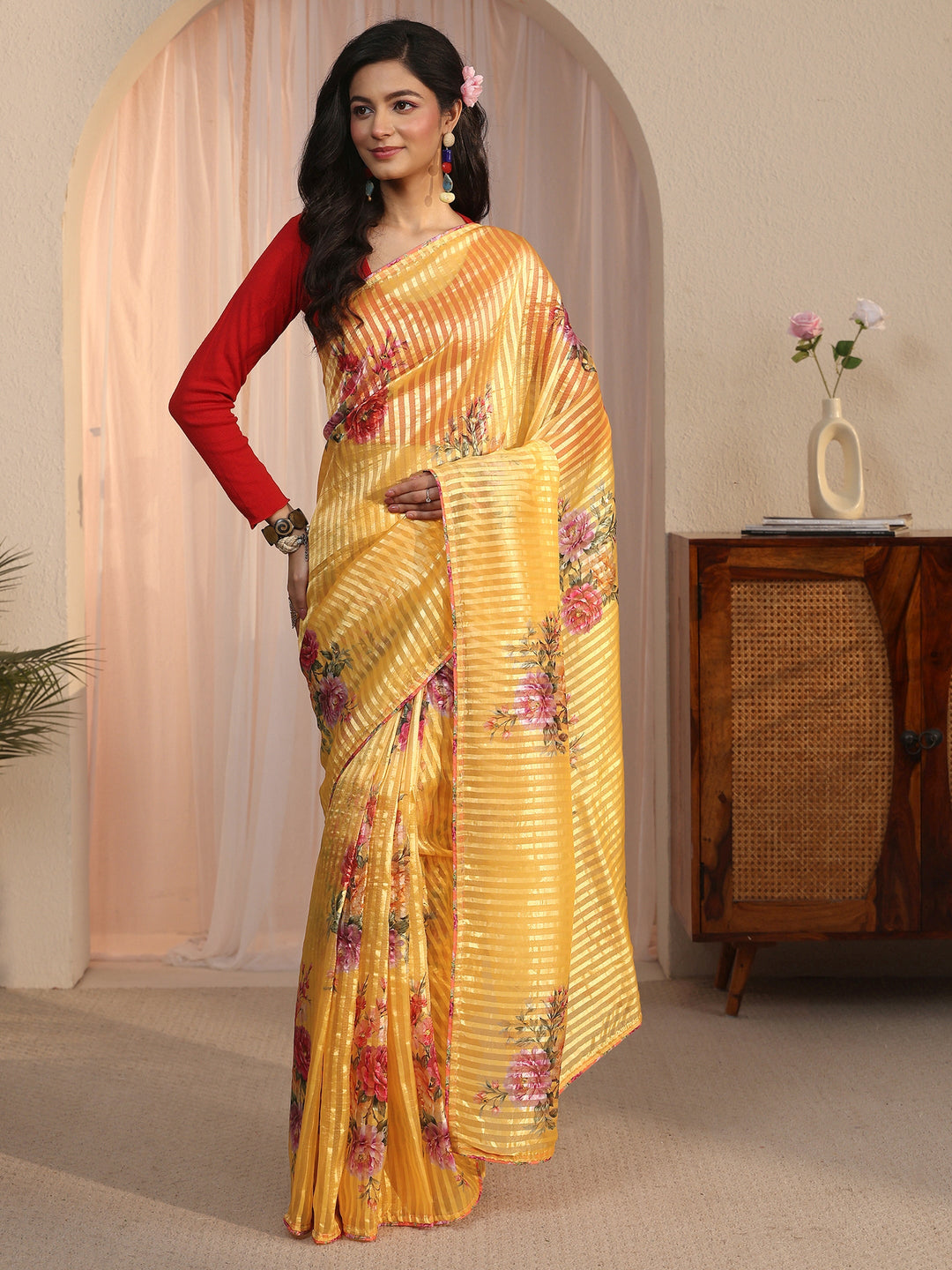  Libas Mustard Striped Floral Printed Organza Saree 