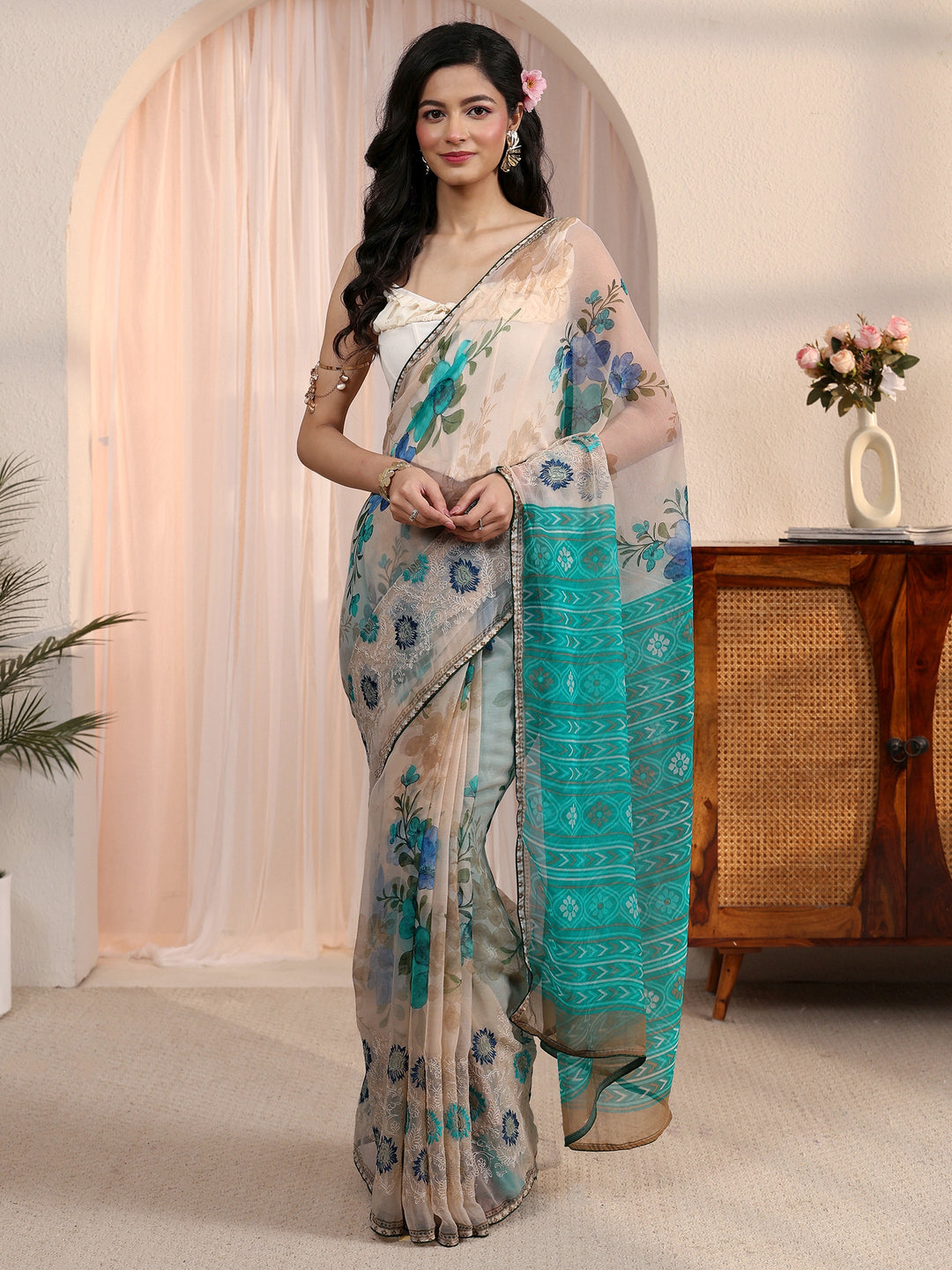  Libas Beige Floral Printed Chiffon Saree 