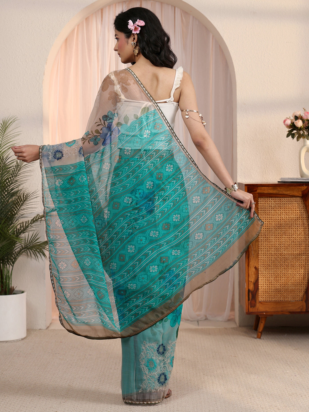  Libas Beige Floral Printed Chiffon Saree 