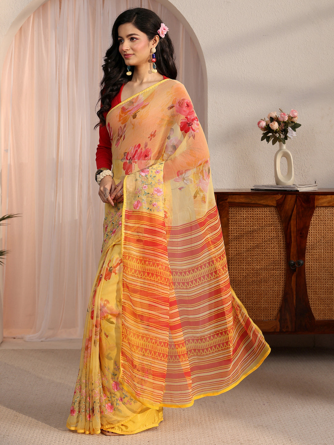  Libas Yellow Floral Printed Chiffon Saree 