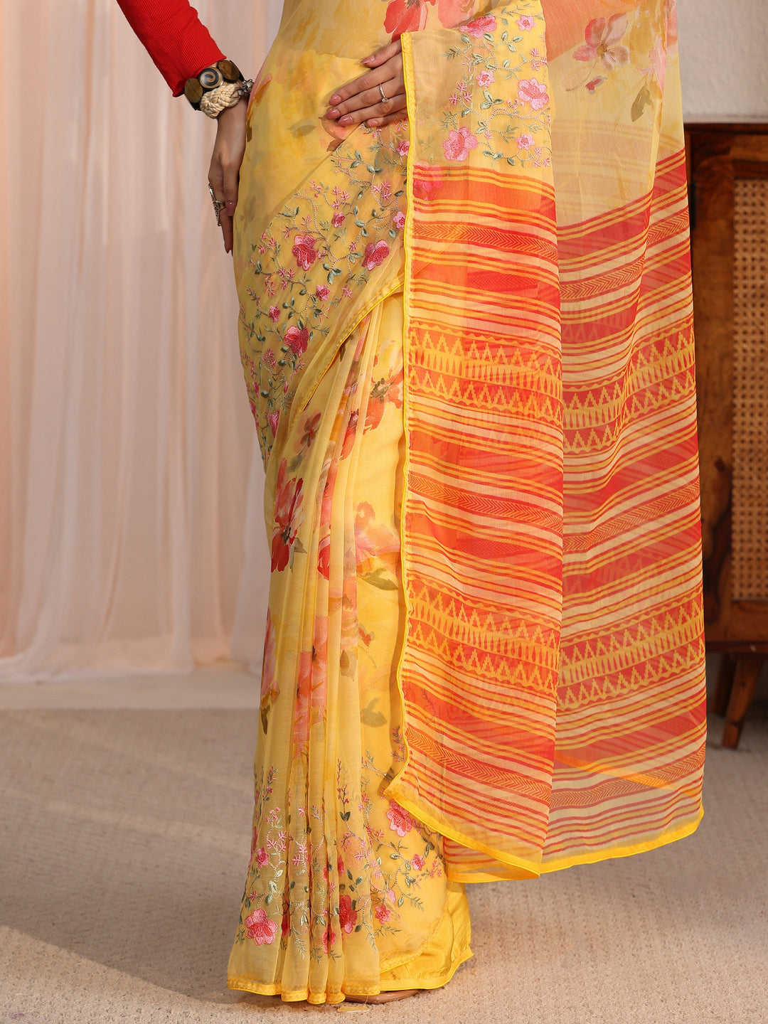 Libas Yellow Floral Printed Chiffon Saree 