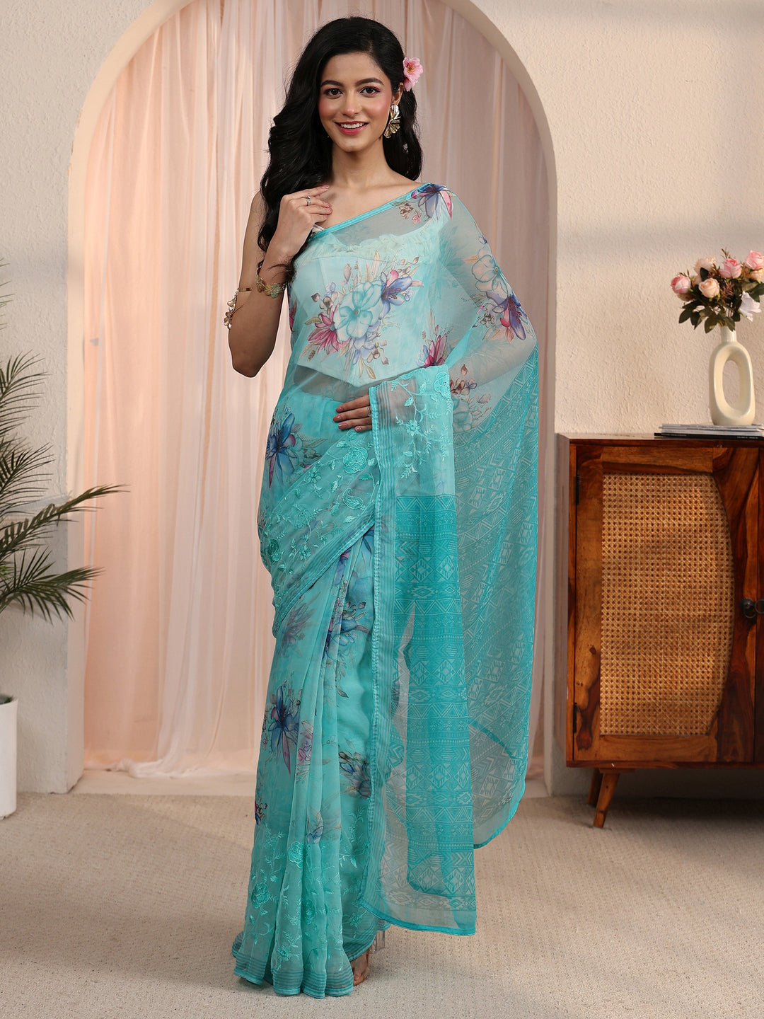  Libas Blue Floral Printed Chiffon Saree 