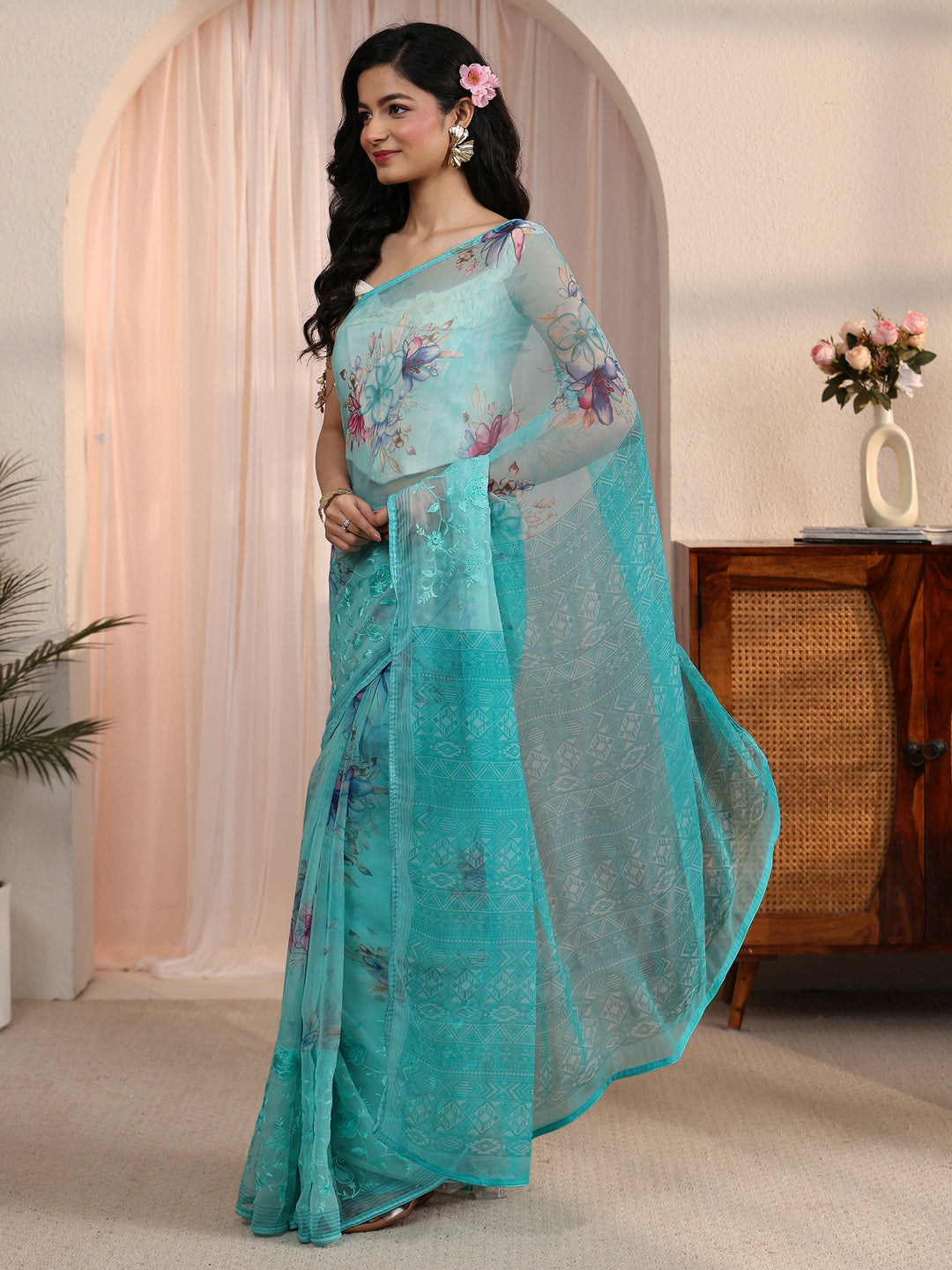  Libas Blue Floral Printed Chiffon Saree 