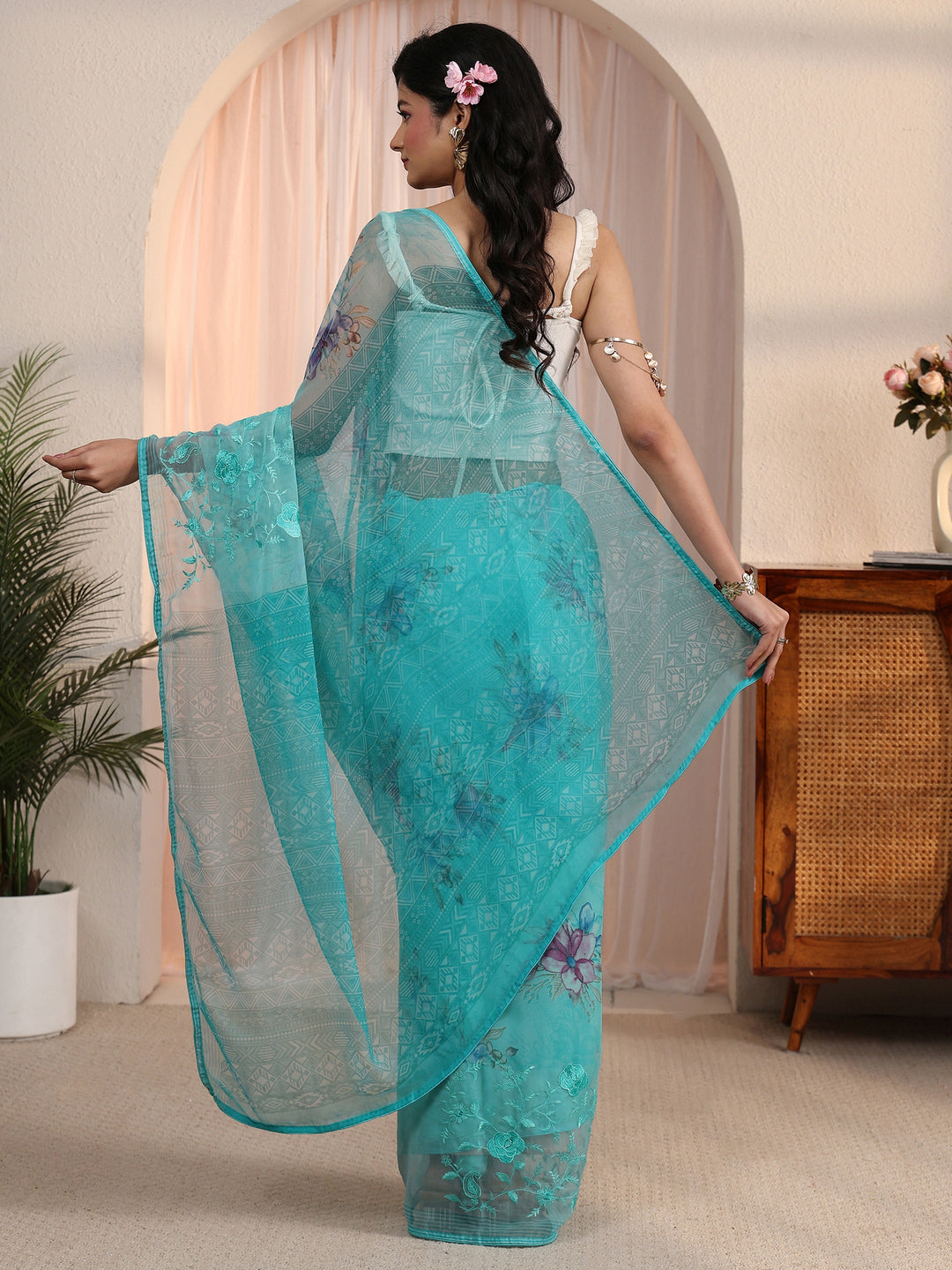 Libas Blue Floral Printed Chiffon Saree 