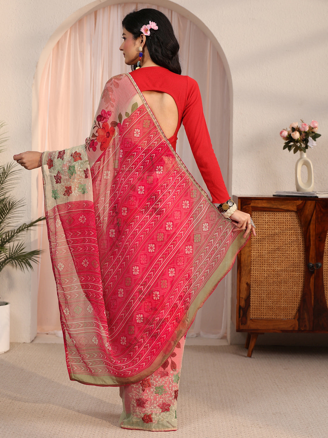  Libas Beige Floral Printed Chiffon Saree 