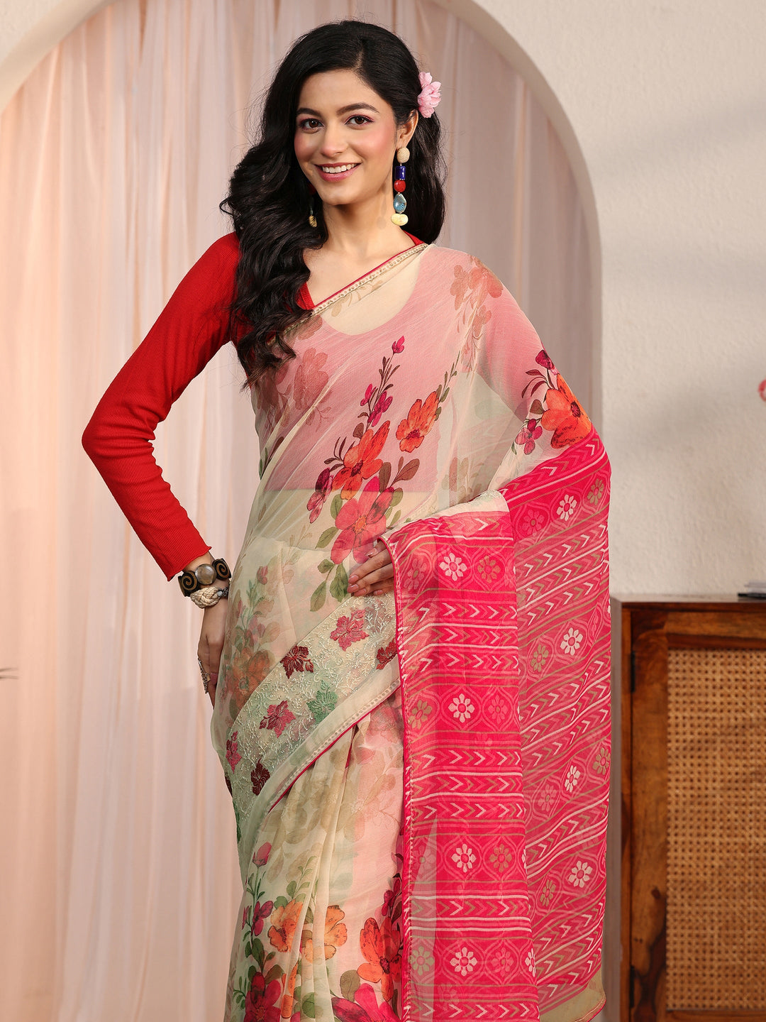  Libas Beige Floral Printed Chiffon Saree 