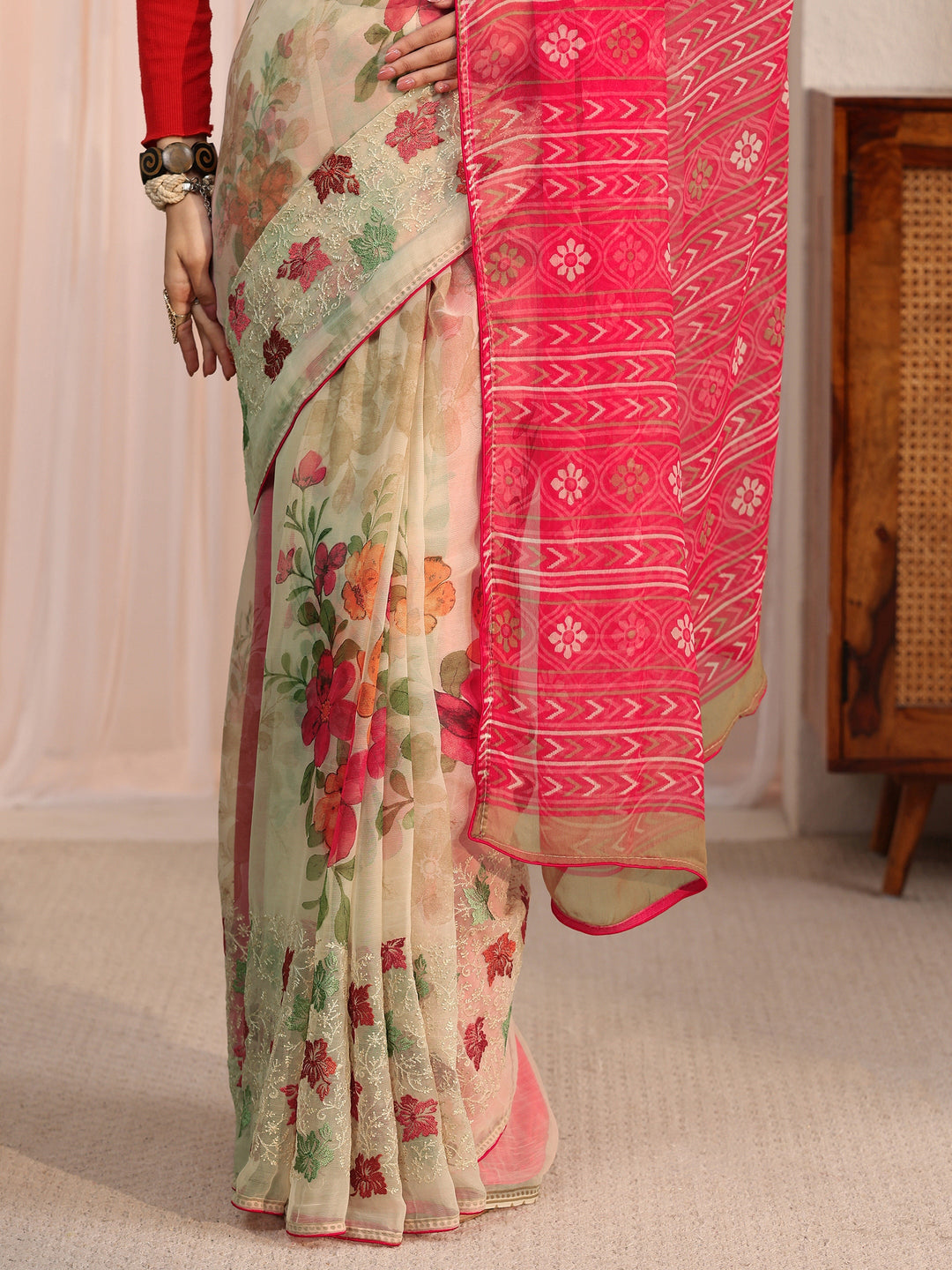  Libas Beige Floral Printed Chiffon Saree 