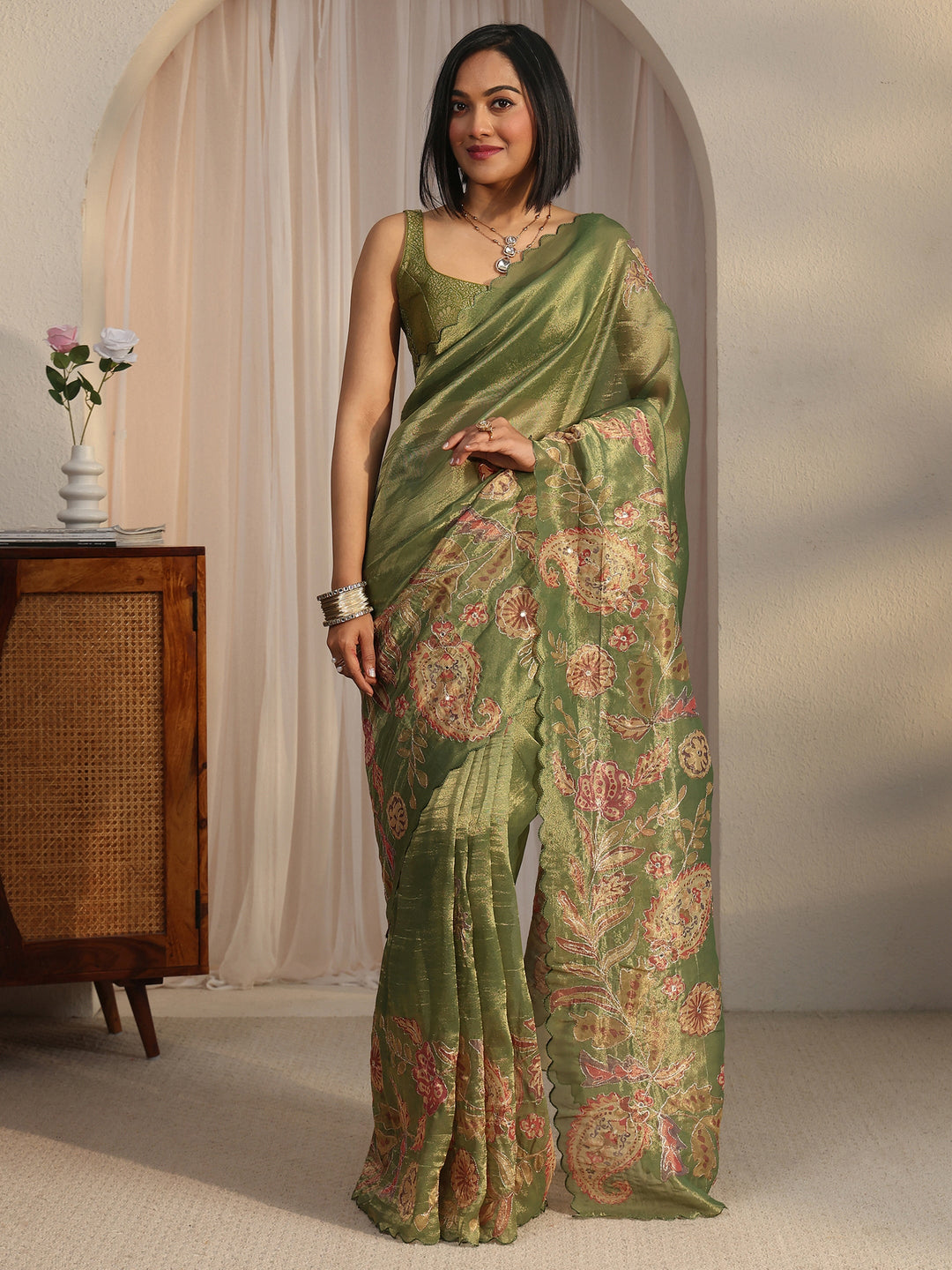  Libas Green Ethnic Printed Mirror Work Silk Blend Saree with Scalloped Border 