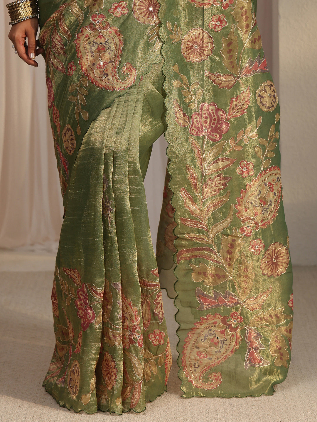  Libas Green Ethnic Printed Mirror Work Silk Blend Saree with Scalloped Border 