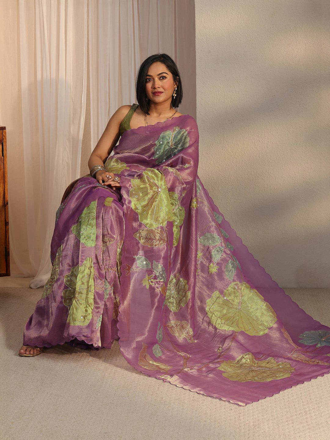 Libas Lavender Floral Printed Mirror Work Silk Blend Saree with Scalloped Border 