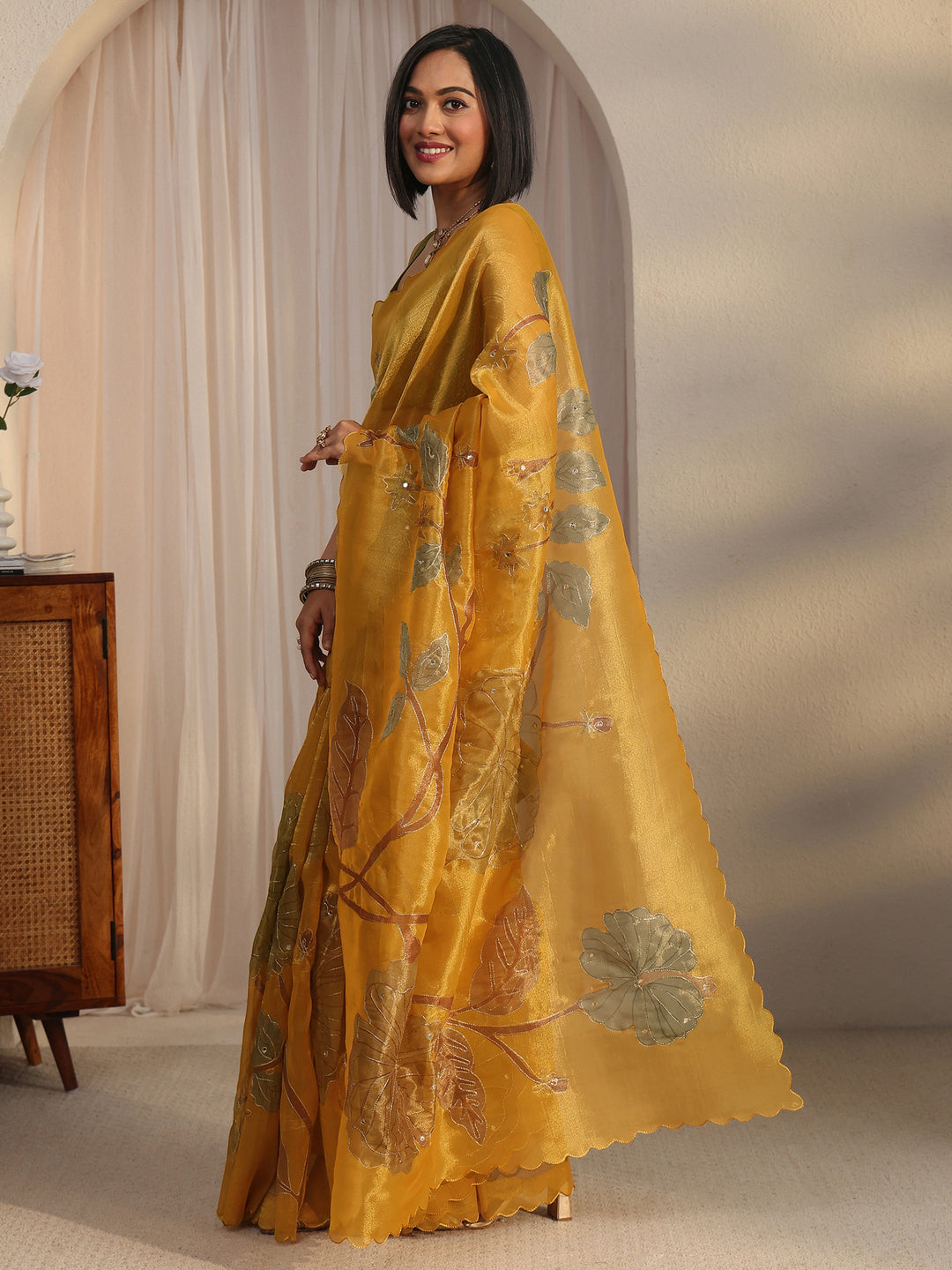 Libas Mustard Floral Printed Mirror Work Silk Blend Saree with Scalloped Border 