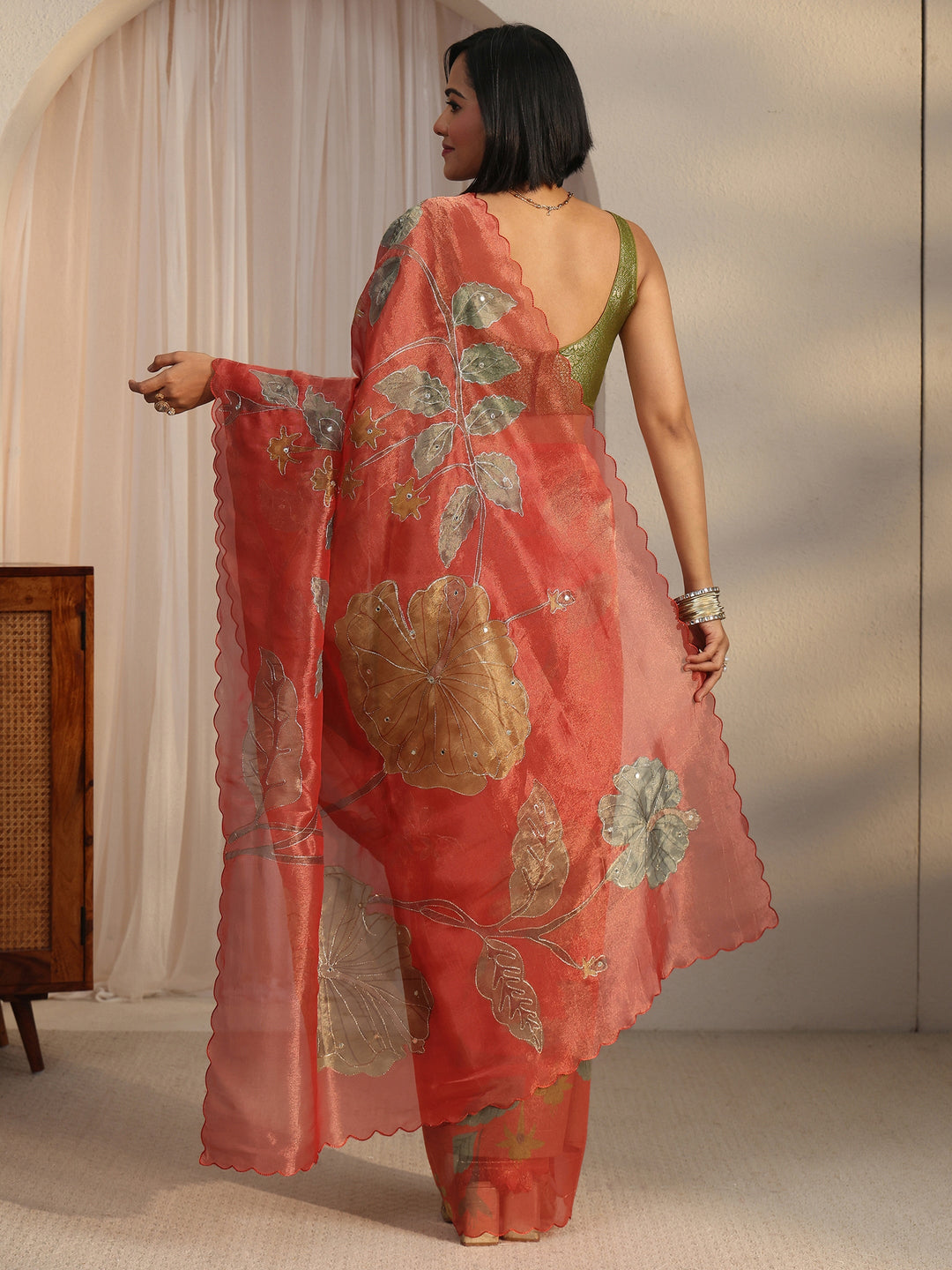  Libas Rust Floral Printed Mirror Work Silk Blend Saree with Scalloped Border 