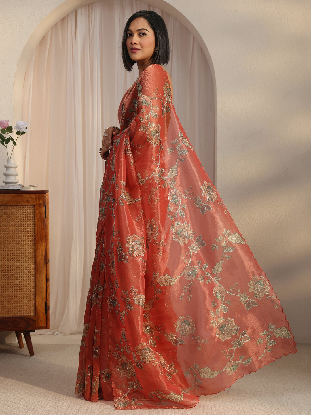  Libas Orange Floral Printed Mirror Work Silk Blend Saree with Scalloped Border 