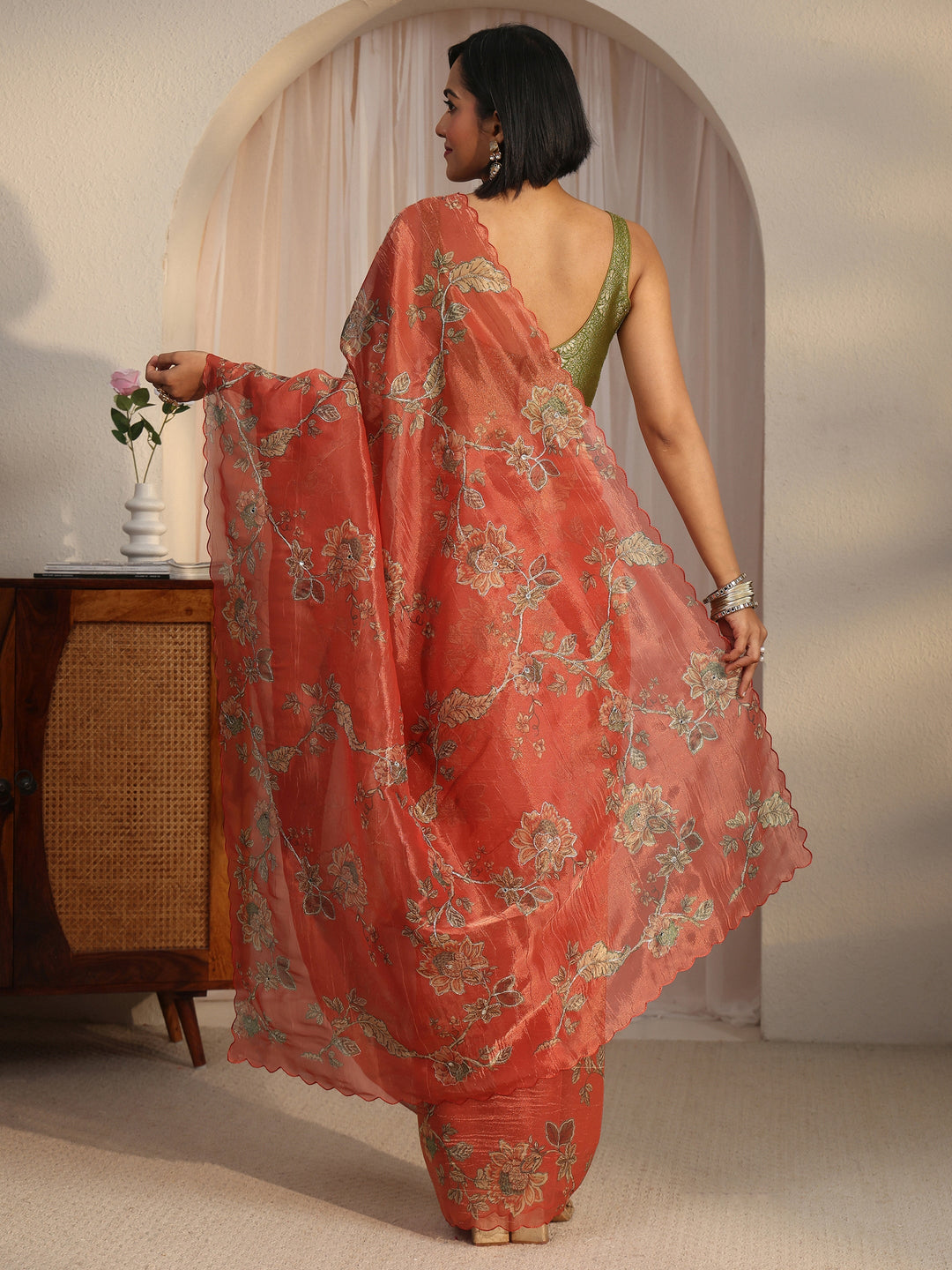  Libas Orange Floral Printed Mirror Work Silk Blend Saree with Scalloped Border 