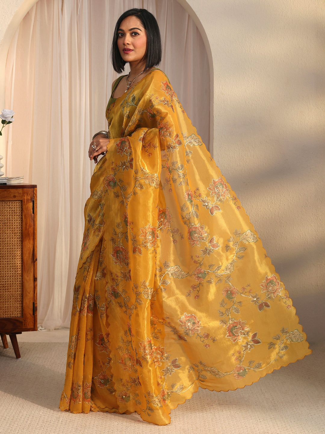  Libas Mustard Floral Printed Mirror Work Silk Blend Saree with Scalloped Border 