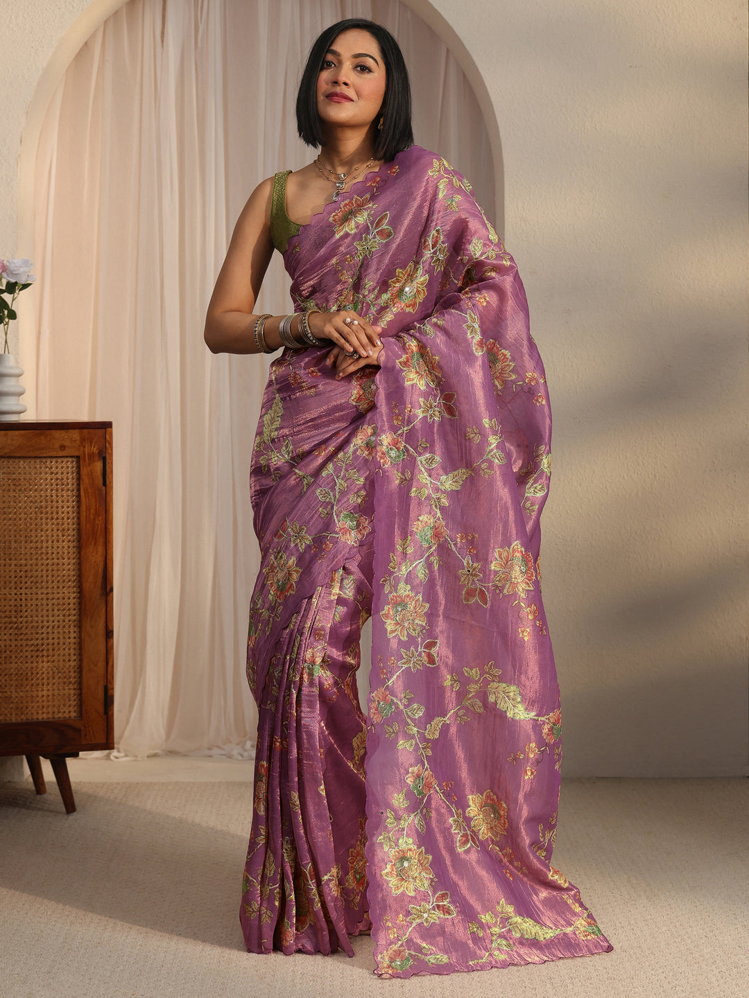  Libas Lavender Floral Printed Mirror Work Silk Blend Saree with Scalloped Border 