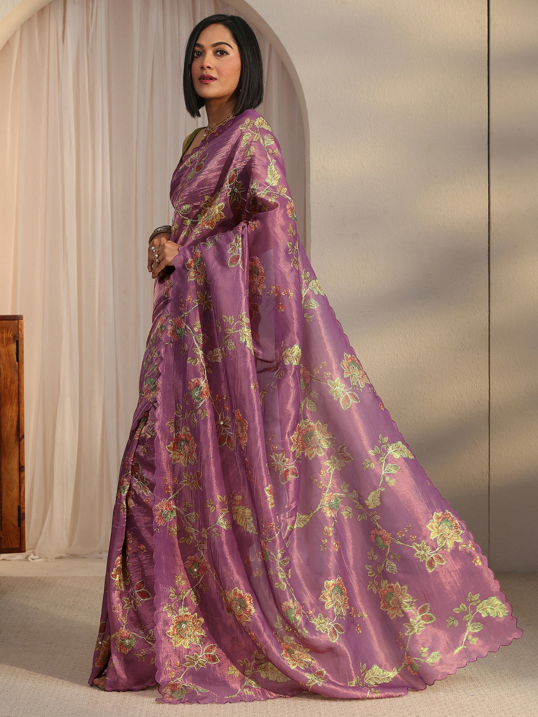 Libas Lavender Floral Printed Mirror Work Silk Blend Saree with Scalloped Border 