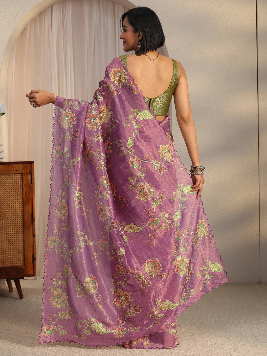  Libas Lavender Floral Printed Mirror Work Silk Blend Saree with Scalloped Border 