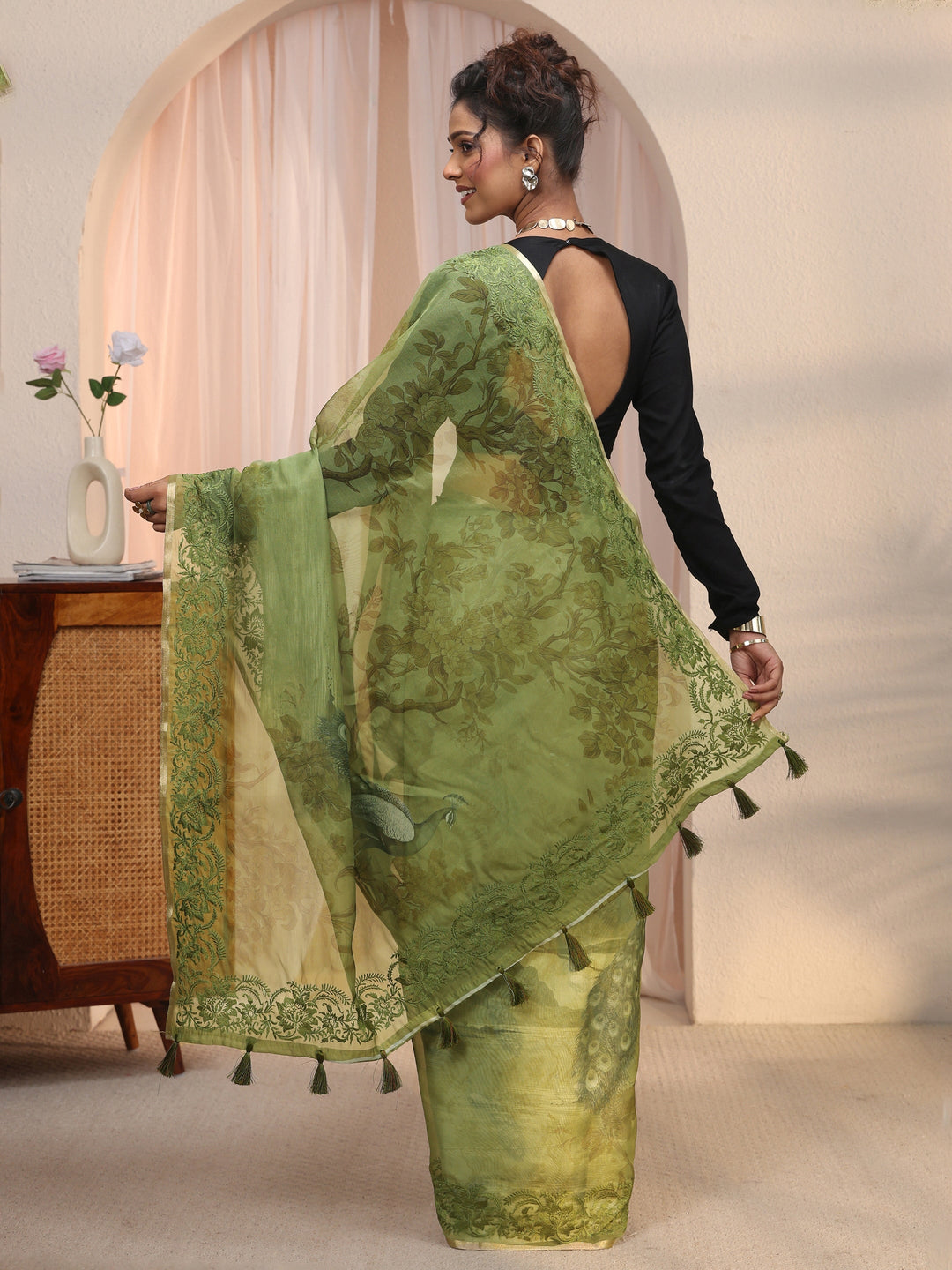  Libas Green Floral Printed Organza Tassel Saree 