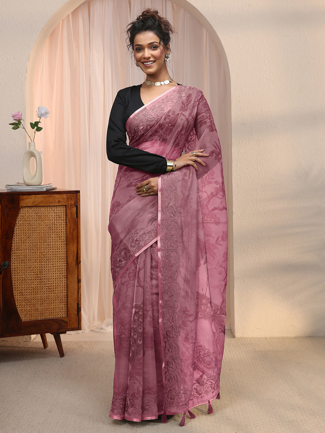  Libas Mauve Printed Organza Tassel Saree with Embroidered Border 