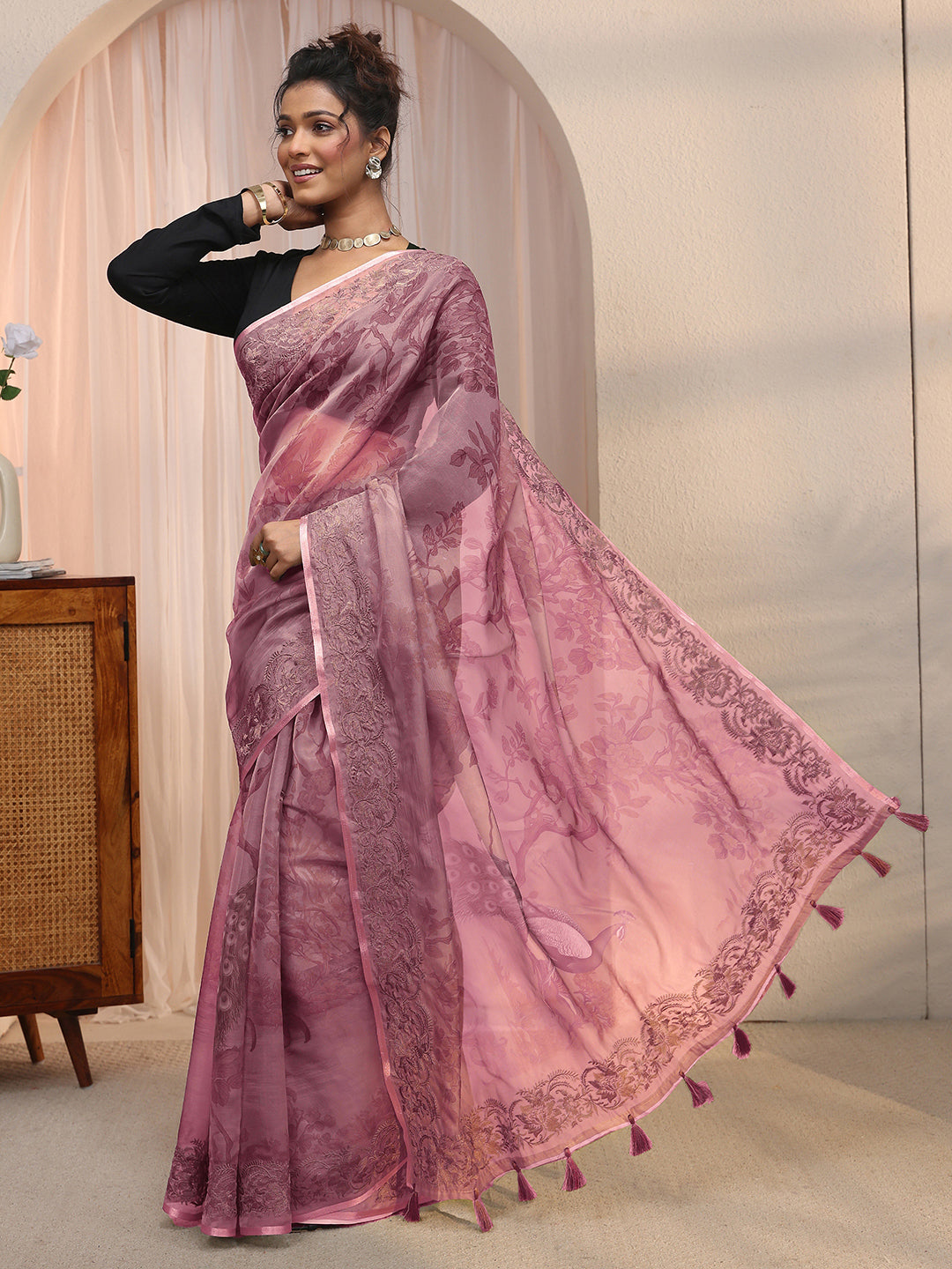  Libas Mauve Printed Organza Tassel Saree with Embroidered Border 