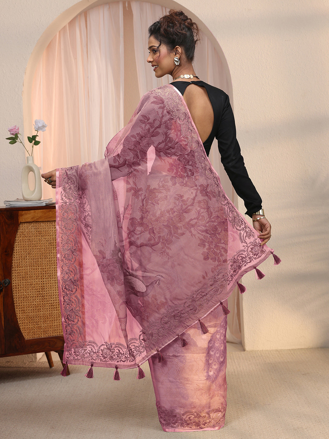  Libas Mauve Printed Organza Tassel Saree with Embroidered Border 