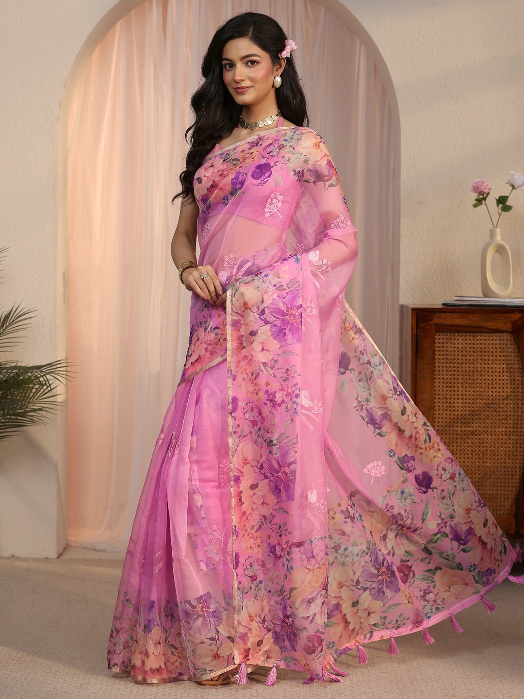  Libas Pink Floral Printed Organza Tassel Saree 