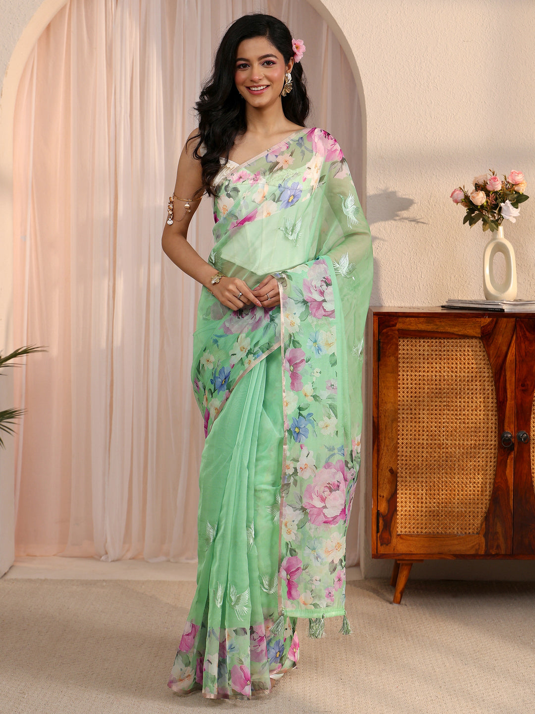  Libas Green Floral Printed Organza Tassel Saree 