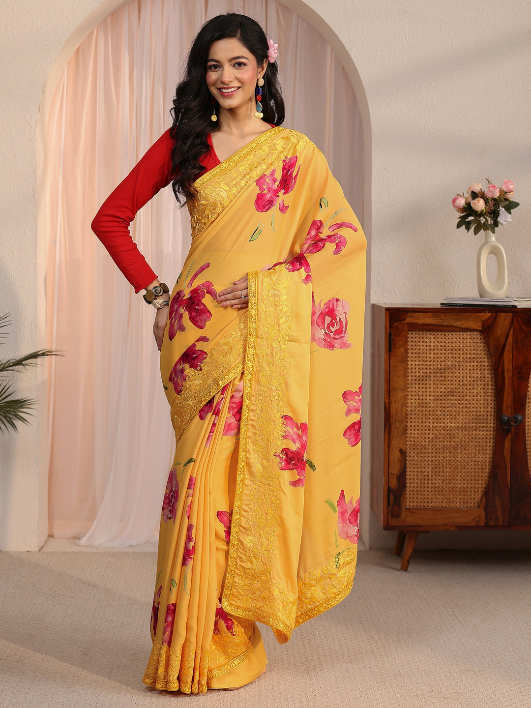  Libas Mustard Floral Printed Chiffon Saree with Embroidered Border 
