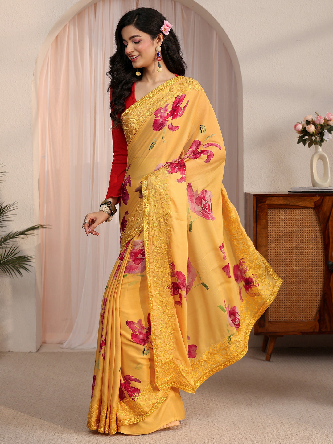  Libas Mustard Floral Printed Chiffon Saree with Embroidered Border 