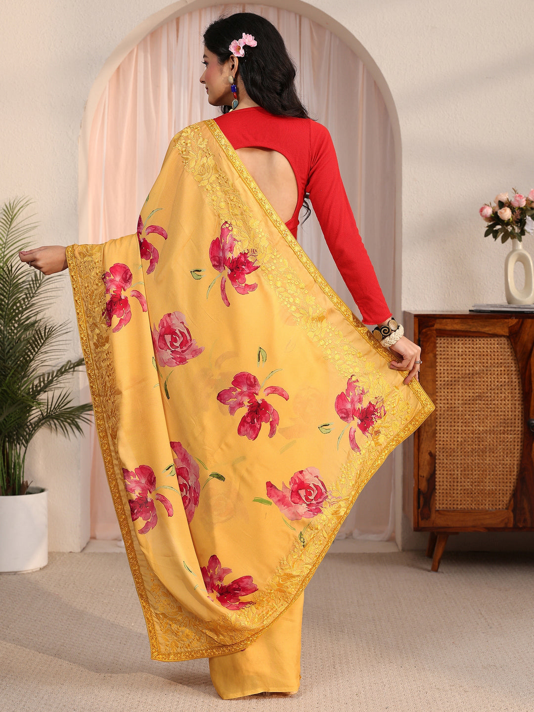  Libas Mustard Floral Printed Chiffon Saree with Embroidered Border 