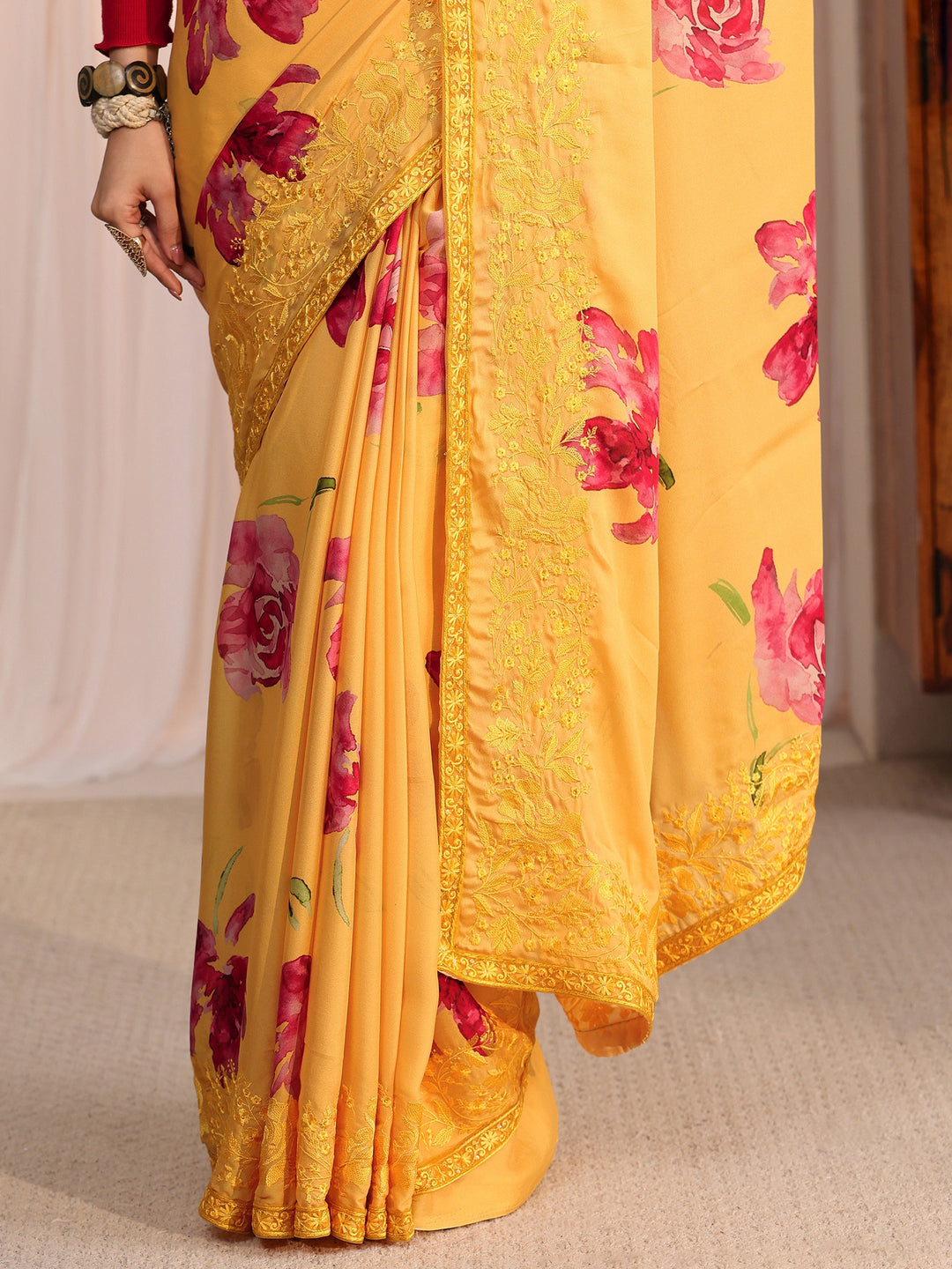  Libas Mustard Floral Printed Chiffon Saree with Embroidered Border 