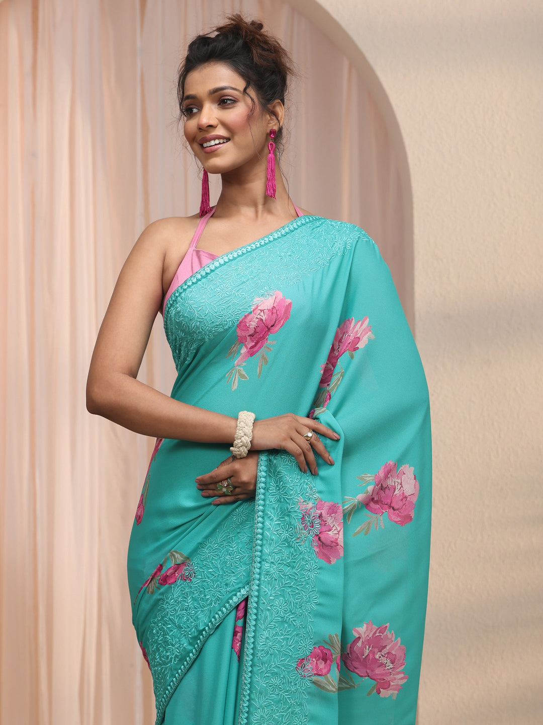  Libas Blue Floral Printed Chiffon Saree with Embroidered Border 