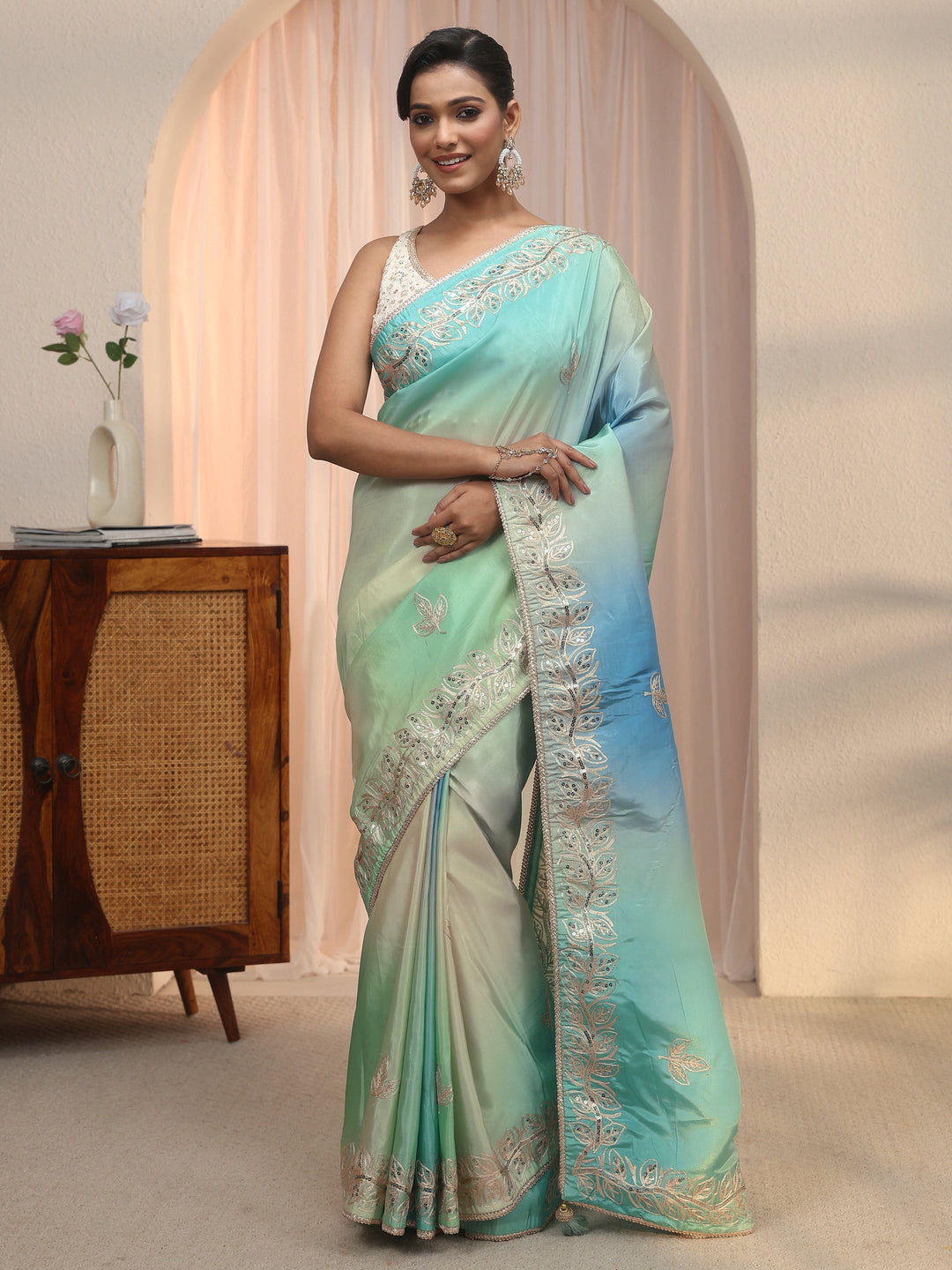  Libas Multi Coloured Floral Embroidered Satin Saree 