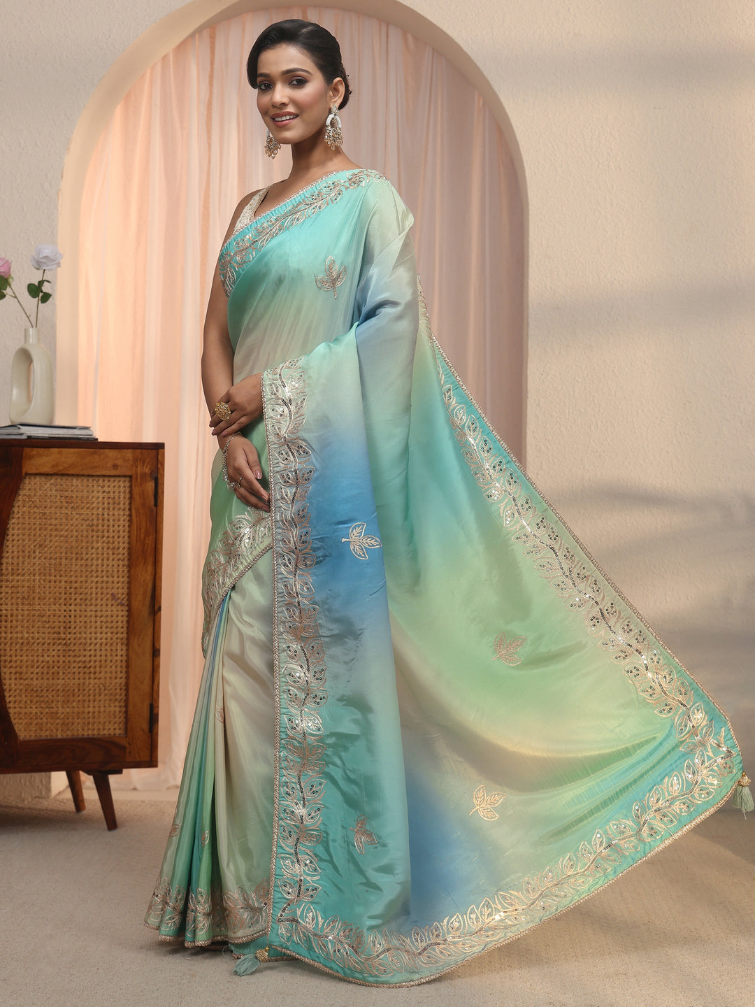  Libas Multi Coloured Floral Embroidered Satin Saree 