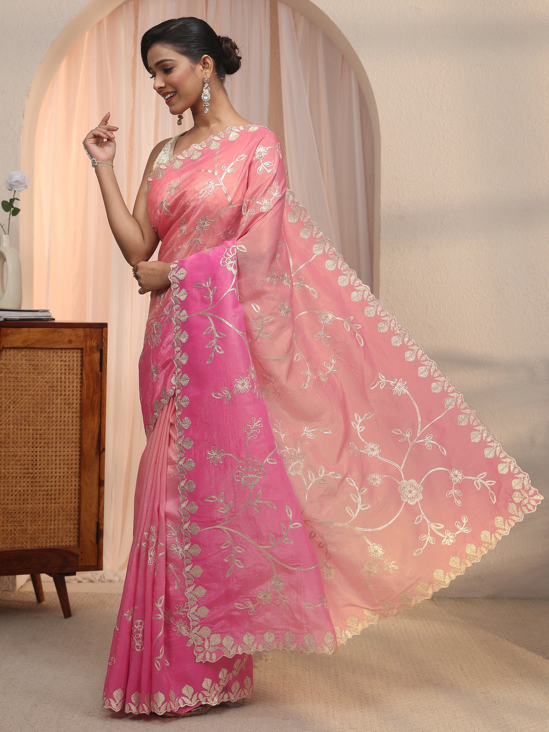  Libas Pink Floral Embroidered Satin Saree 