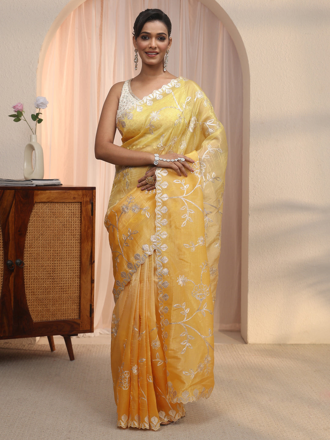  Libas Yellow Floral Embroidered Satin Saree 