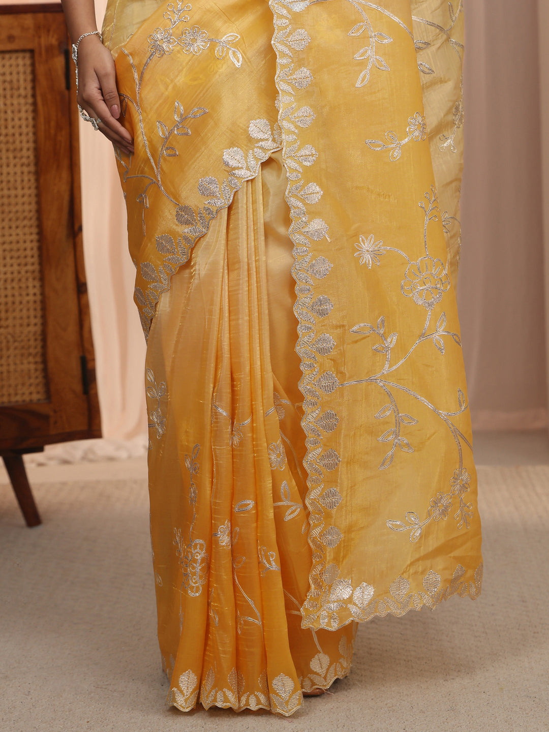  Libas Yellow Floral Embroidered Satin Saree 