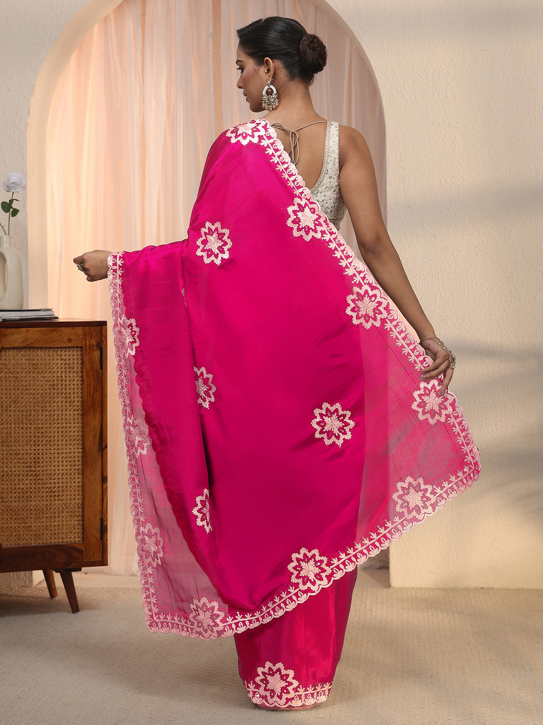  Libas Pink Floral Embroidered Sequinned Satin Saree 