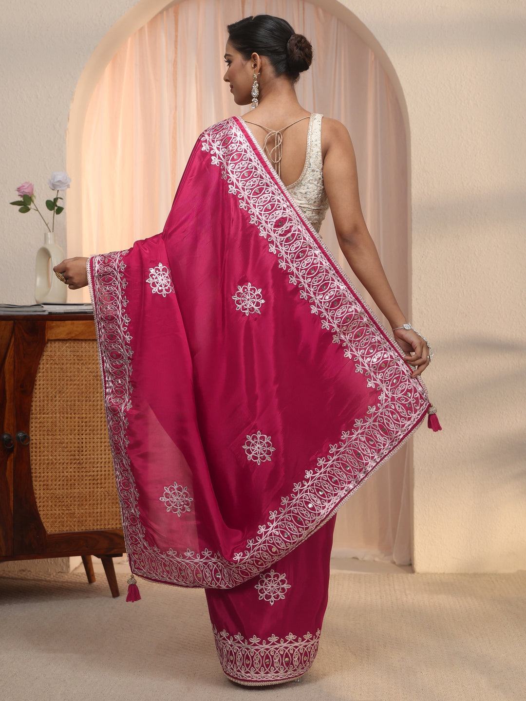  Libas Purple Floral Sequin Embellished Satin Saree 