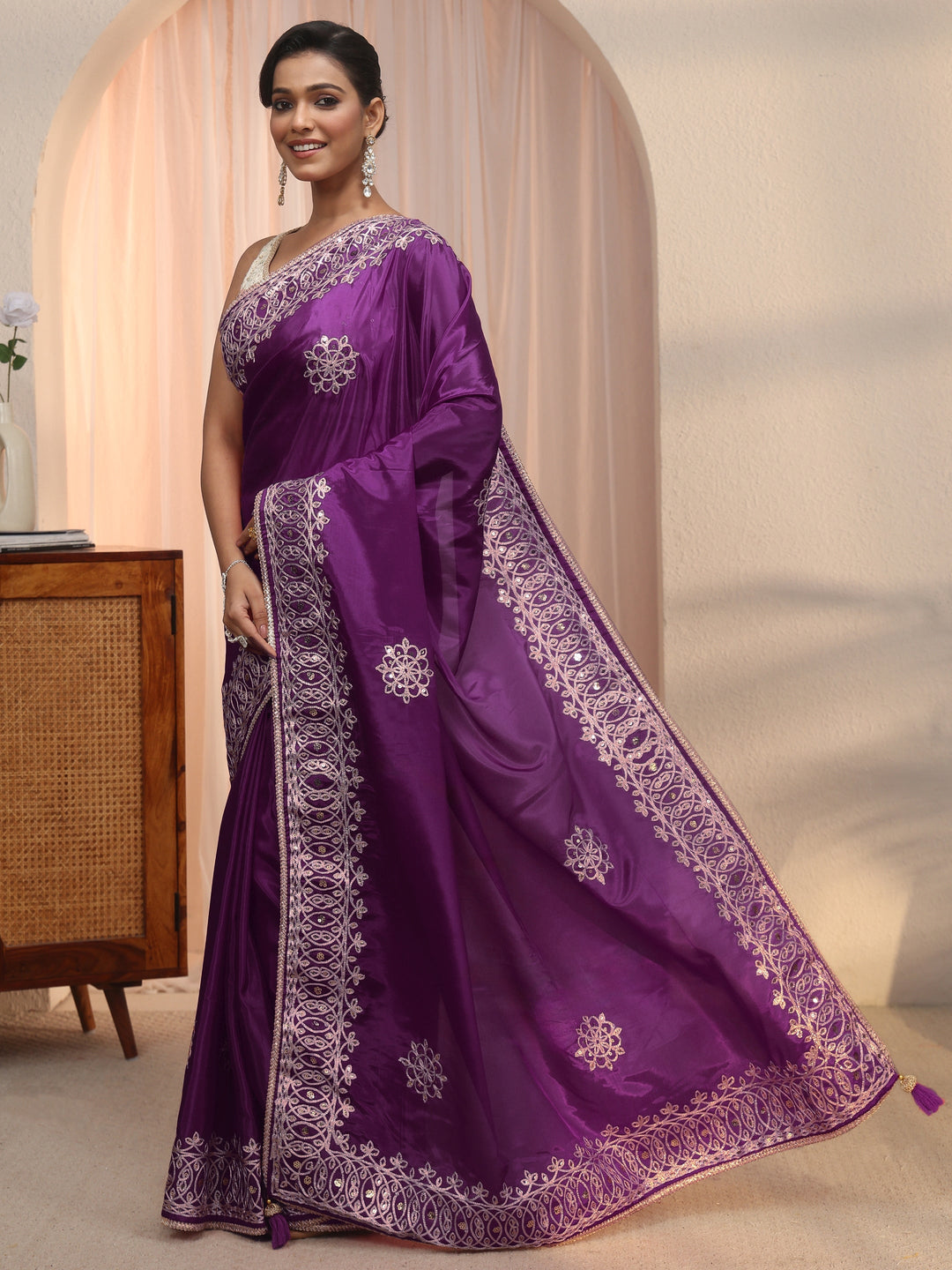  Libas Wine Floral Sequin Embellished Satin Saree 