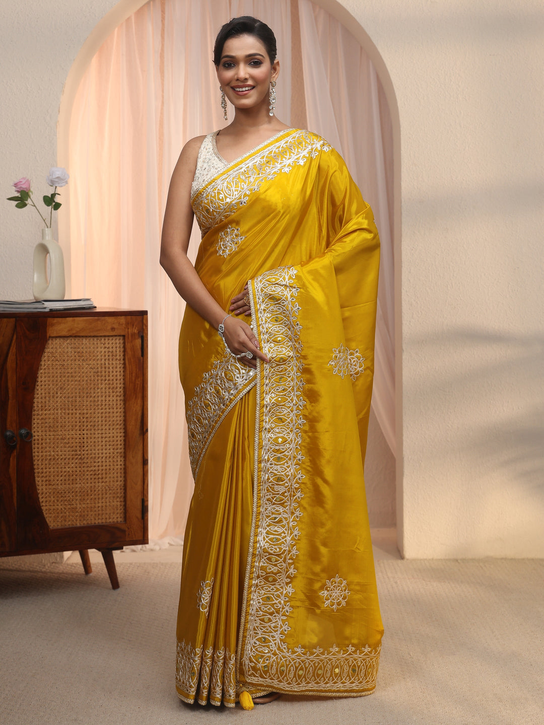  Libas Mustard Floral Sequin Embellished Satin Saree 