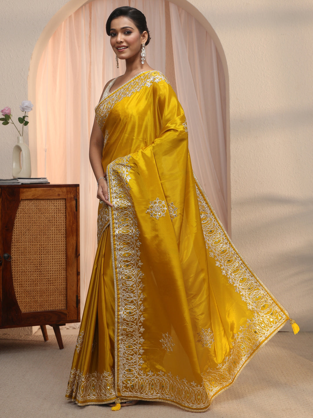  Libas Mustard Floral Sequin Embellished Satin Saree 