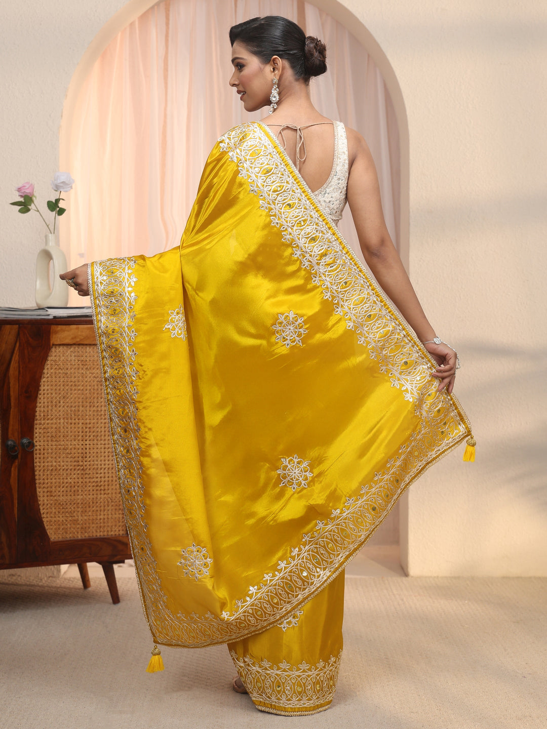  Libas Mustard Floral Sequin Embellished Satin Saree 