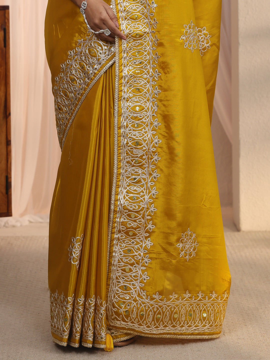  Libas Mustard Floral Sequin Embellished Satin Saree 
